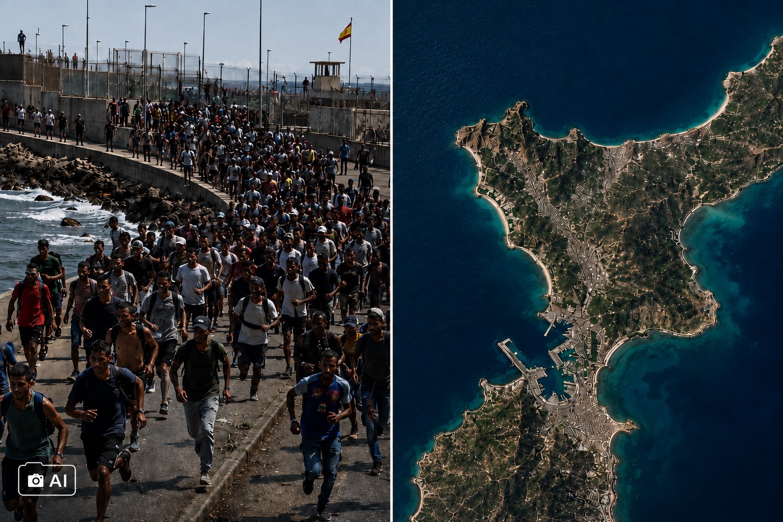 Montagem ilustrativa mostra, à esquerda, migrantes vindos do Marrocos em direção a Ceuta e, à direita, uma representação aérea da região.