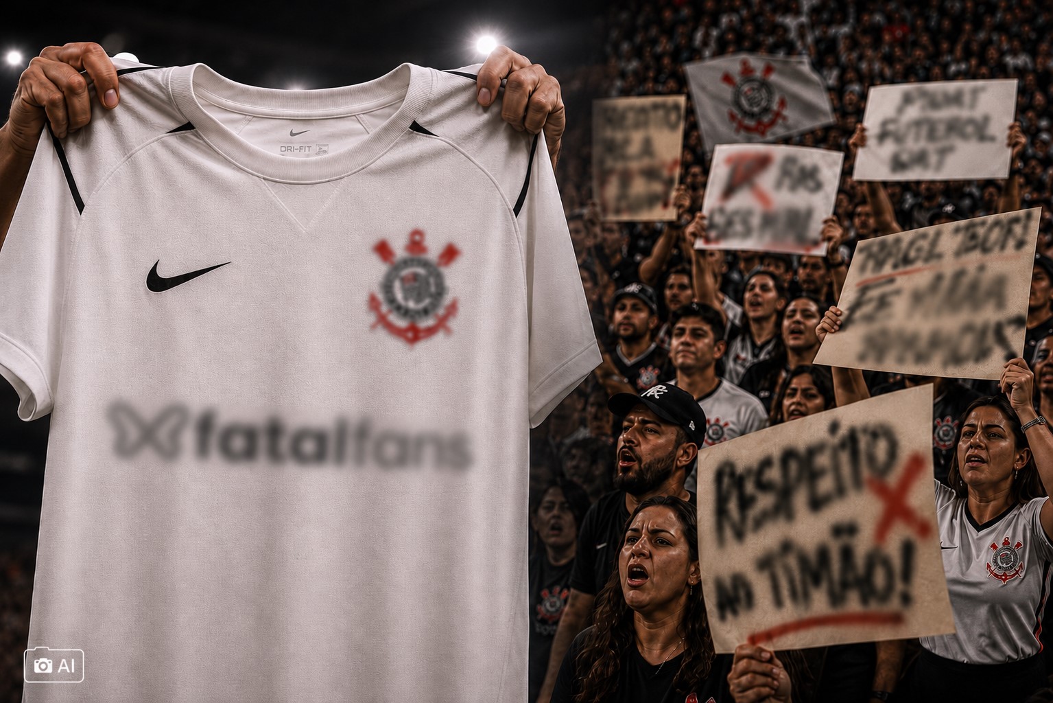 Camisa do Corinthians com marca de patrocinador desfocada ao lado de torcedores em protesto nas arquibancadas.