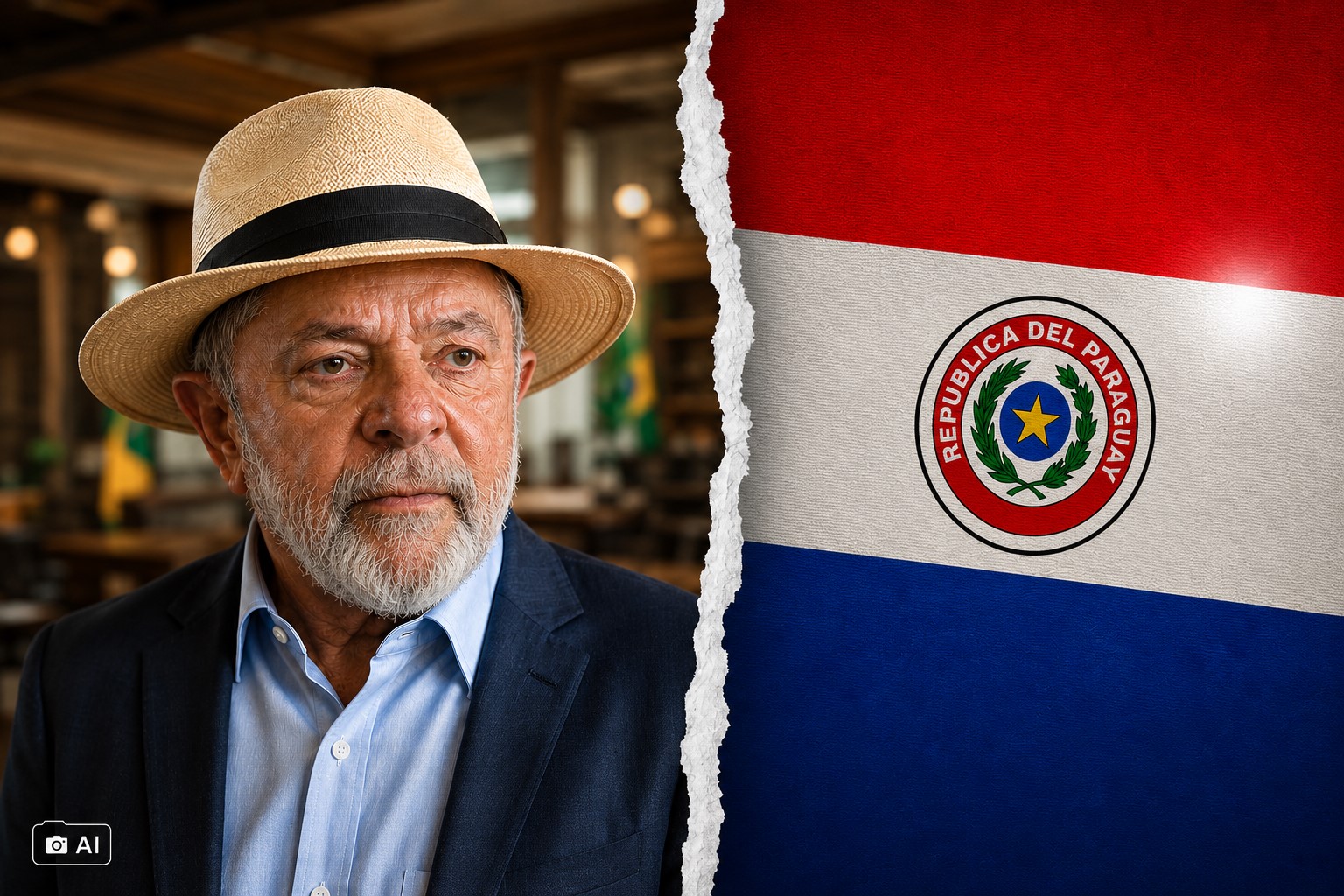 Montagem ilustrativa mista com representação do presidente Lula à esquerda e a bandeira do Paraguai à direita, separadas por um efeito de papel rasgado.