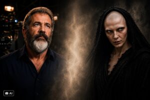 Montagem editorial gerada por IA com o cineasta Mel Gibson à esquerda e uma representação da personagem Satanás de A Paixão de Cristo à direita.
