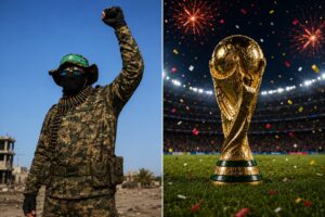 Dirigente do Hamas à esquerda e taça da Copa do Mundo à direita em montagem editorial gerada por IA.