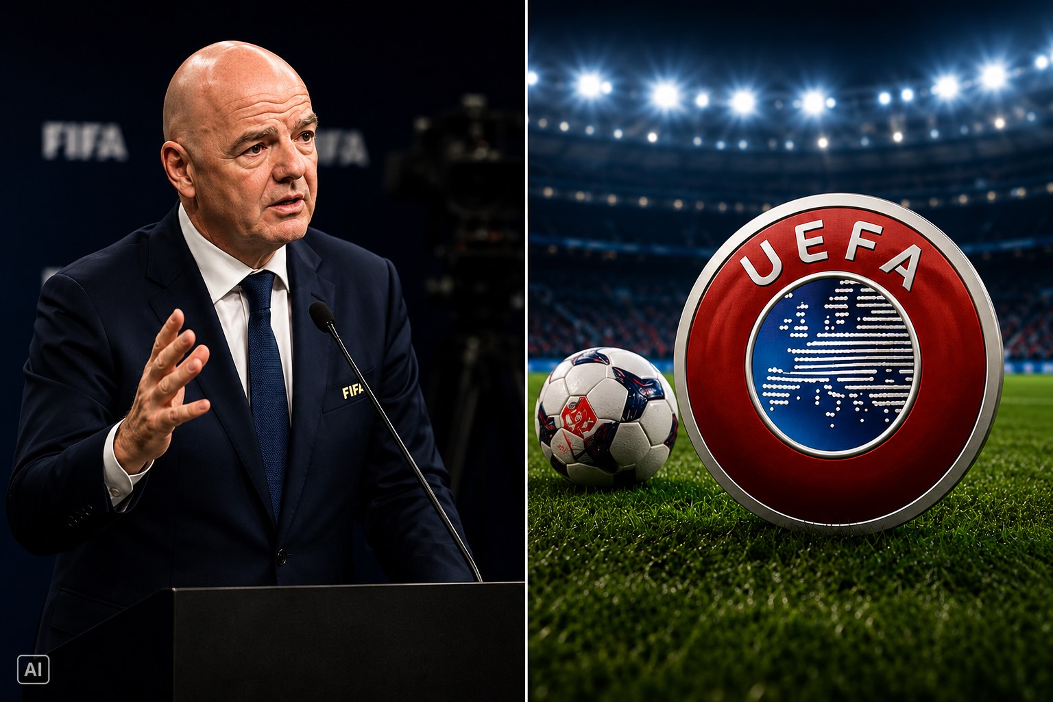 Montagem fotográfica realista gerada por IA representa Gianni Infantino durante um pronunciamento, à esquerda, e o emblema da UEFA em um estádio, à direita.