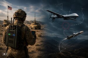 Montagem gerada por IA representa um militar dos Estados Unidos operando um sistema eletrônico e, à direita, a interferência em drones e mísseis guiados.
