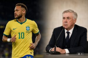 Montagem fotográfica ultrarrealista mostra Neymar à esquerda, em ambiente de estádio esportivo, e Carlo Ancelotti à direita, em cenário de coletiva de imprensa.