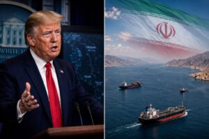 Montagem gerada por IA mostra Donald Trump discursando à esquerda e o Estreito de Ormuz com navios e bandeira do Irã projetada no céu à direita