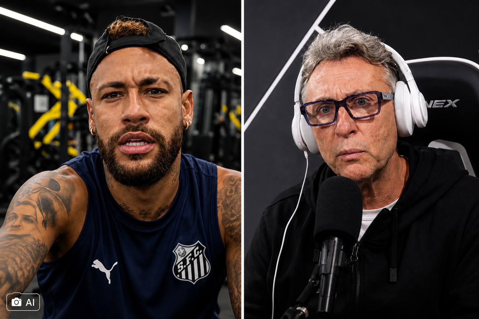 Neymar e Craque Neto em montagem editorial gerada por IA.
