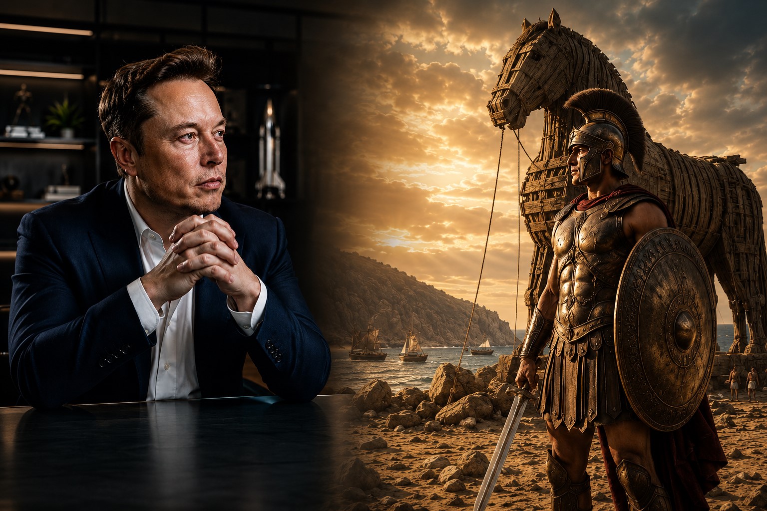Elon Musk e cenário hipotético de filme sobre Troia gerado por IA