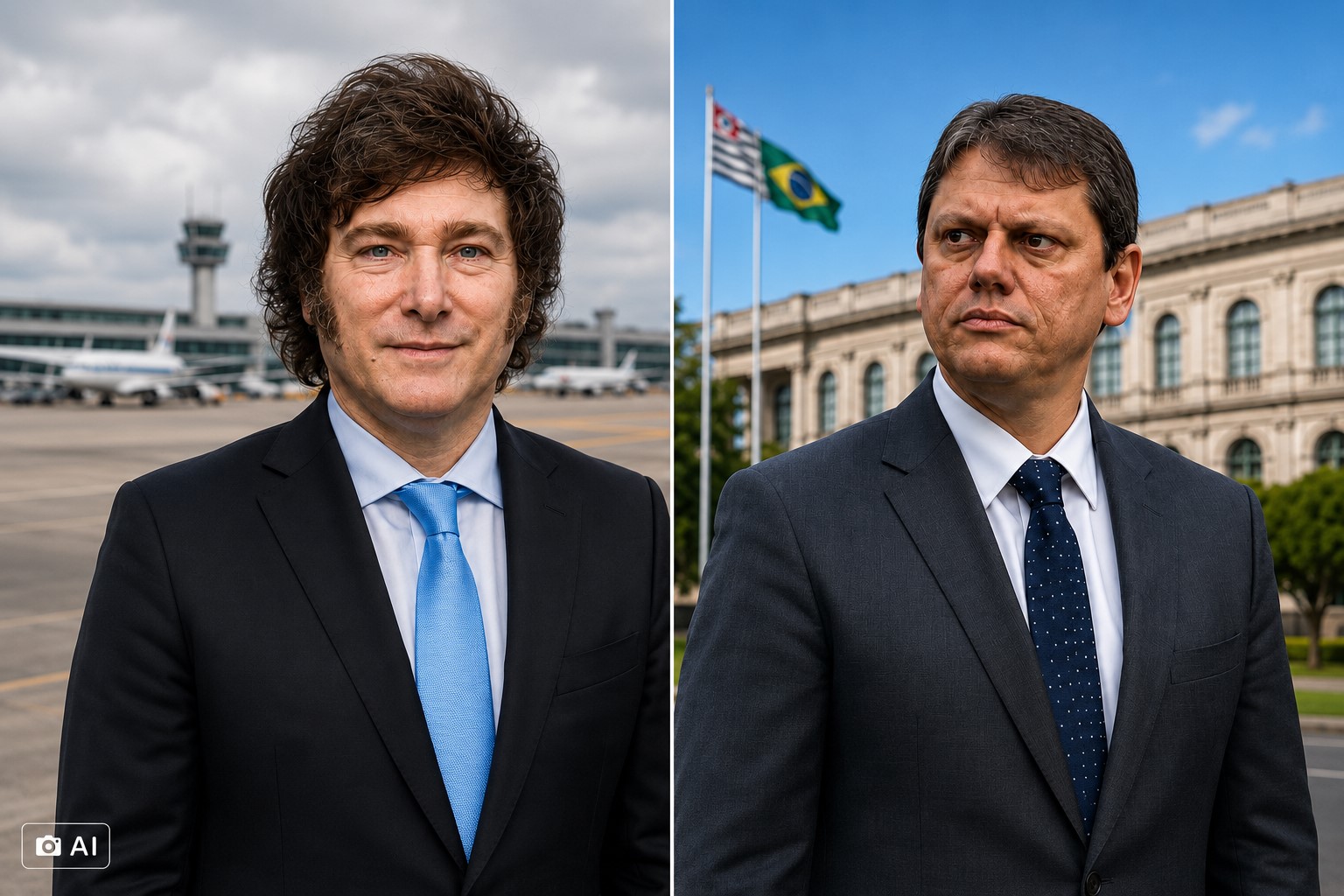 Javier Milei e Tarcísio de Freitas em montagem ilustrativa.