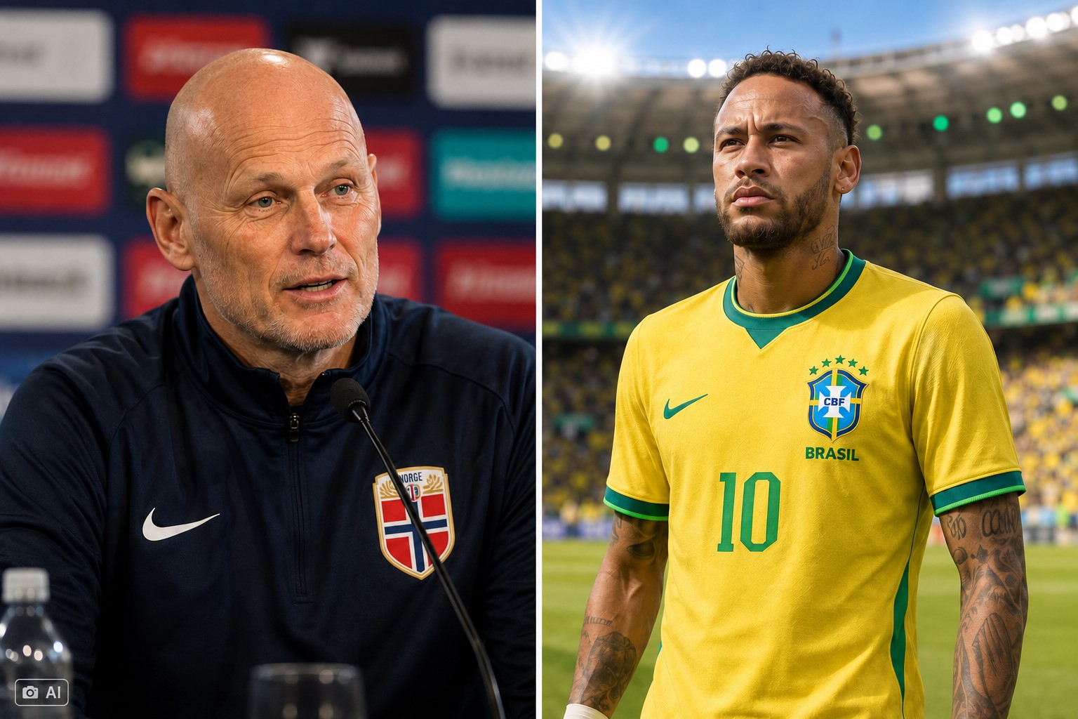 Montagem fotográfica ultrarrealista gerada por IA mostra, à esquerda, o técnico da Noruega, Ståle Solbakken, em ambiente de entrevista coletiva, e, à direita, Neymar com uniforme da Seleção Brasileira em cenário de estádio.