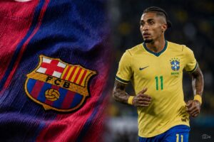 Montagem fotográfica ultrarrealista gerada por IA mostra trecho da camisa do Barcelona à esquerda e o jogador Raphinha à direita, em contexto de notícia esportiva.