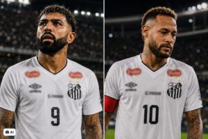 Montagem editorial gerada por IA representa Gabigol à esquerda e Neymar à direita, ambos com uniformes brancos em um estádio.