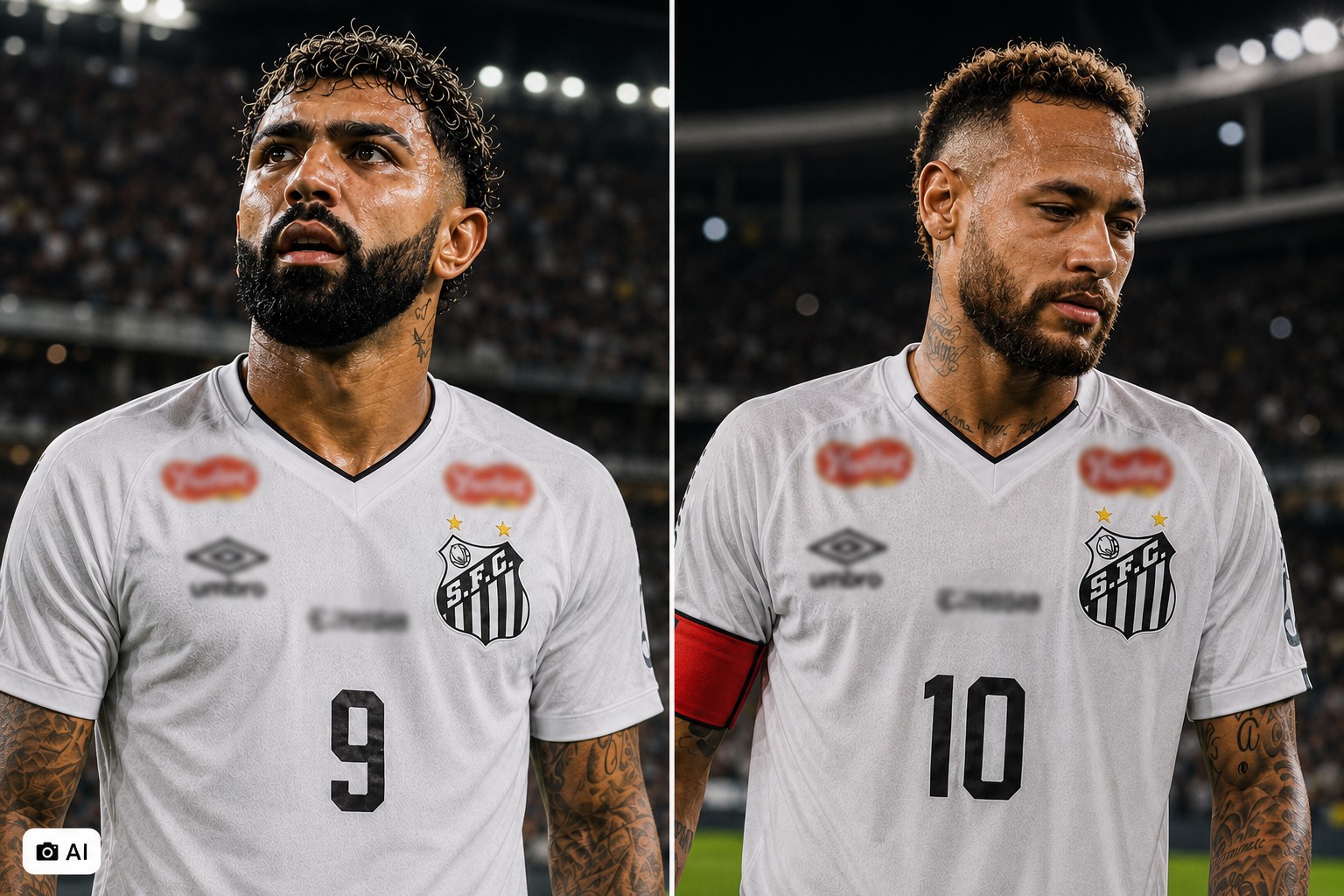 Montagem editorial gerada por IA representa Gabigol à esquerda e Neymar à direita, ambos com uniformes brancos em um estádio.