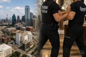 Montagem fotográfica ultrarrealista editorial mostra a região central de Dallas e, ao lado, um princípio de confronto entre um policial e um segurança ligado à delegação do Egito, em contexto ilustrativo de notícia.