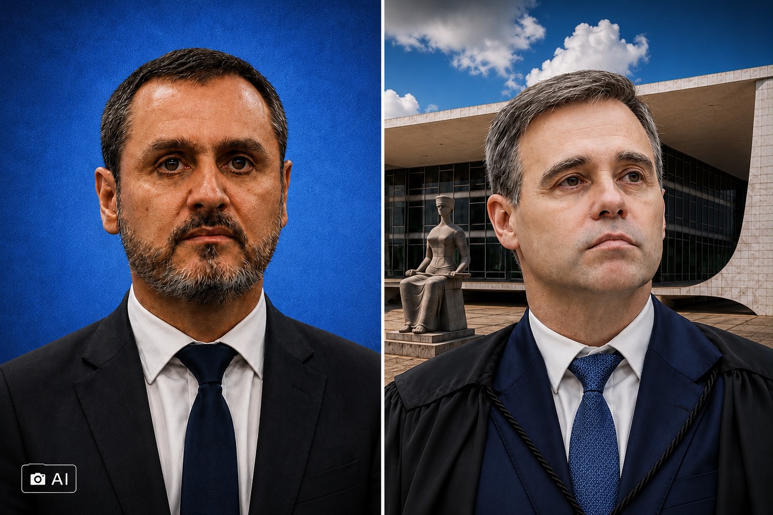 Montagem gerada por IA representa Andrei Rodrigues, diretor-geral da Polícia Federal, e André Mendonça, ministro do STF.