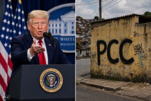 Montagem editorial gerada por IA mostra, à esquerda, o presidente dos Estados Unidos em pronunciamento oficial e, à direita, um muro com a sigla “PCC” em uma área urbana, em composição usada para ilustrar reportagem sobre declaração do governo americano.