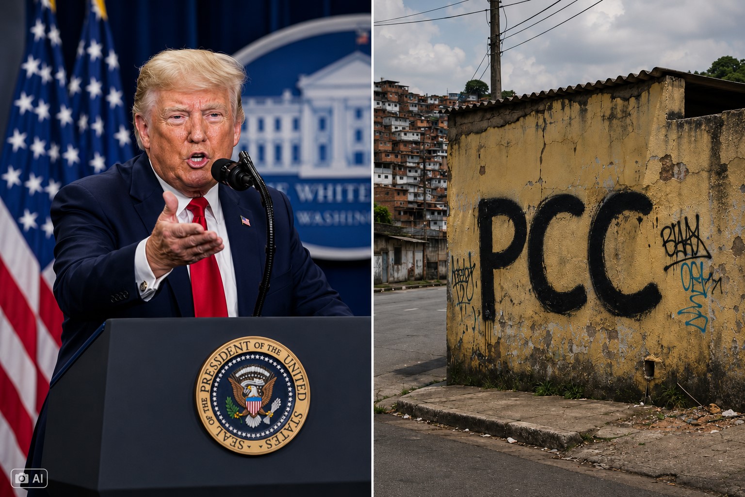 Montagem editorial gerada por IA mostra, à esquerda, o presidente dos Estados Unidos em pronunciamento oficial e, à direita, um muro com a sigla “PCC” em uma área urbana, em composição usada para ilustrar reportagem sobre declaração do governo americano.