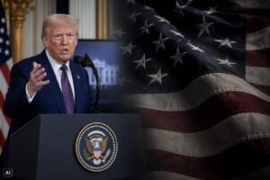 Donald Trump em discurso à esquerda e bandeira dos Estados Unidos à direita em montagem editorial gerada por IA.