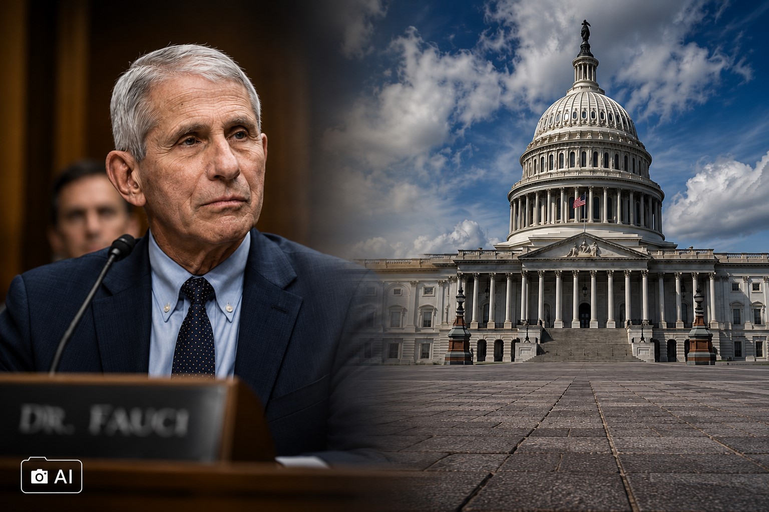 Montagem fotográfica ultrarrealista gerada por IA representa Anthony Fauci à esquerda e o Capitólio dos Estados Unidos à direita.