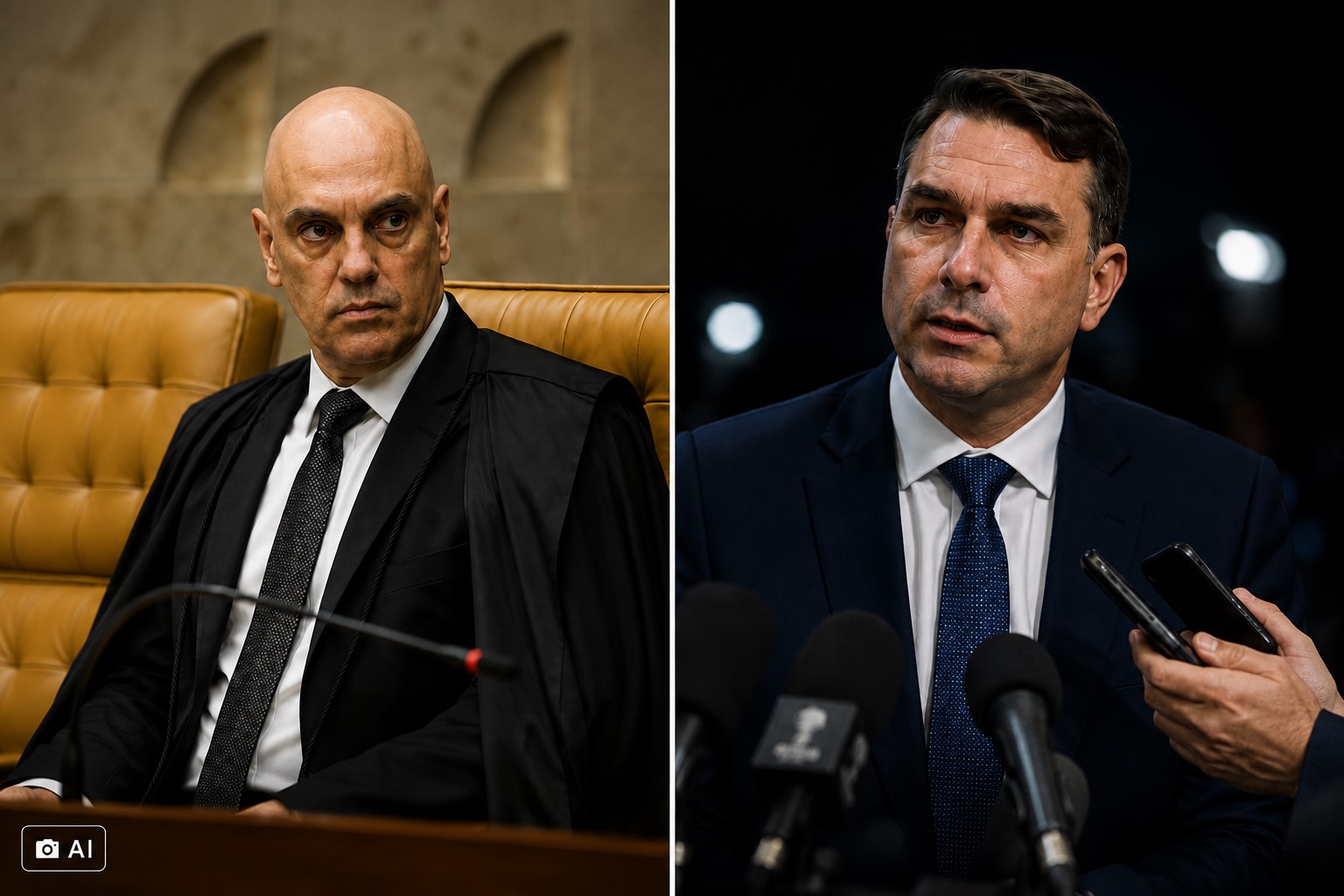 Montagem fotorrealista gerada por IA com Alexandre de Moraes à esquerda e Flávio Bolsonaro à direita, em composição editorial dividida.