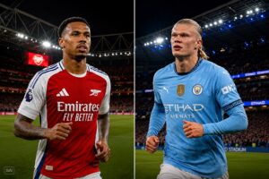 Montagem fotográfica ultrarrealista gerada por IA mostra Gabriel Magalhães, do Arsenal e da Seleção Brasileira, à esquerda, e Erling Haaland, do Manchester City e da Noruega, à direita, em cenário de estádio.