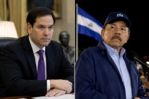 Montagem fotográfica gerada por IA mostra Marco Rubio à esquerda e Daniel Ortega à direita em composição editorial sobre tensão diplomática entre Estados Unidos e Nicarágua.