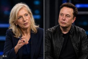 Zanny Minton e Elon Musk em montagem editorial gerada por IA.