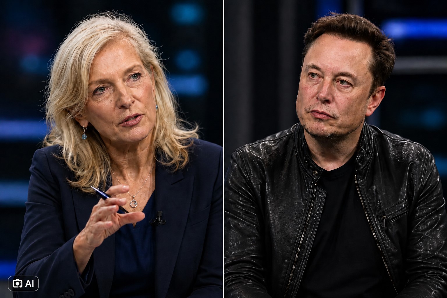 Zanny Minton e Elon Musk em montagem editorial gerada por IA.