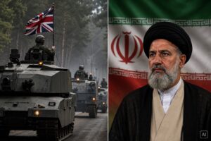 Montagem editorial gerada por IA mostra blindados britânicos e líder religioso iraniano em composição sobre a tensão entre Reino Unido e Irã