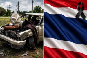 Montagem fotográfica realista usada para fins informativos, mostrando à esquerda um carro com fortes danos após acidente, reconstruído por IA com base em registro real, e à direita a bandeira da Tailândia com um laço de luto no canto superior direito.
