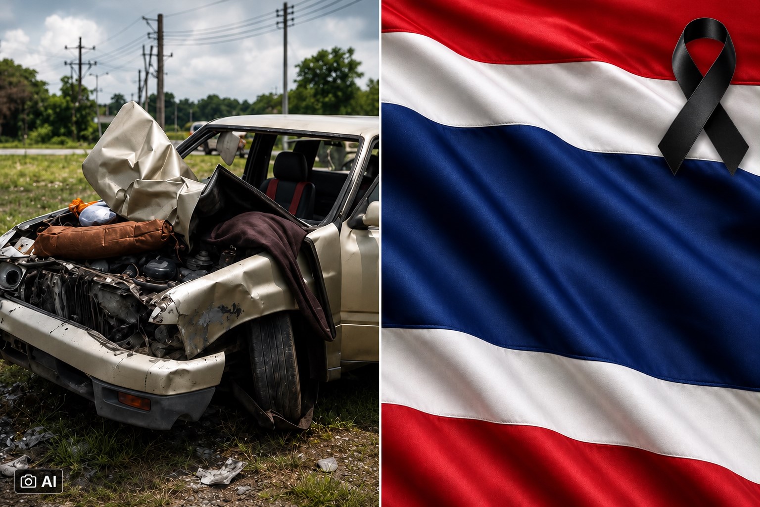 Montagem fotográfica realista usada para fins informativos, mostrando à esquerda um carro com fortes danos após acidente, reconstruído por IA com base em registro real, e à direita a bandeira da Tailândia com um laço de luto no canto superior direito.