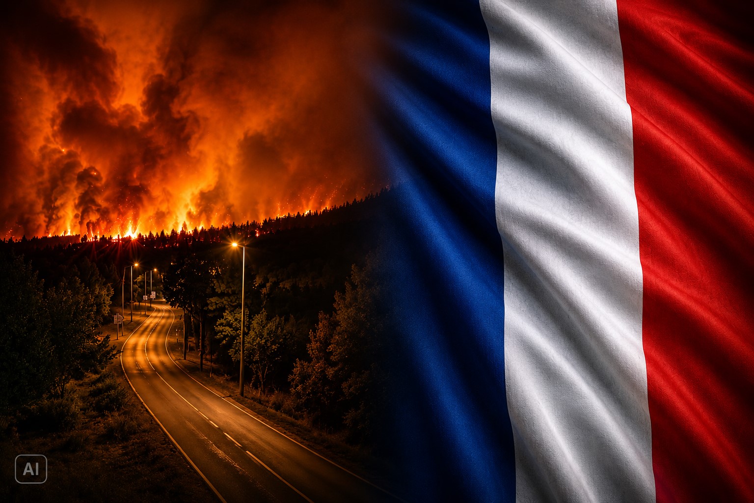 Ilustração gerada por IA mostra incêndio florestal durante a noite ao lado da bandeira da França, em composição informativa.