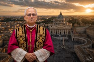 Montagem fotográfica ultrarrealista gerada por IA representa o Papa Leão XIV em primeiro plano, com o Vaticano ao fundo em vista semiaérea ao pôr do sol.