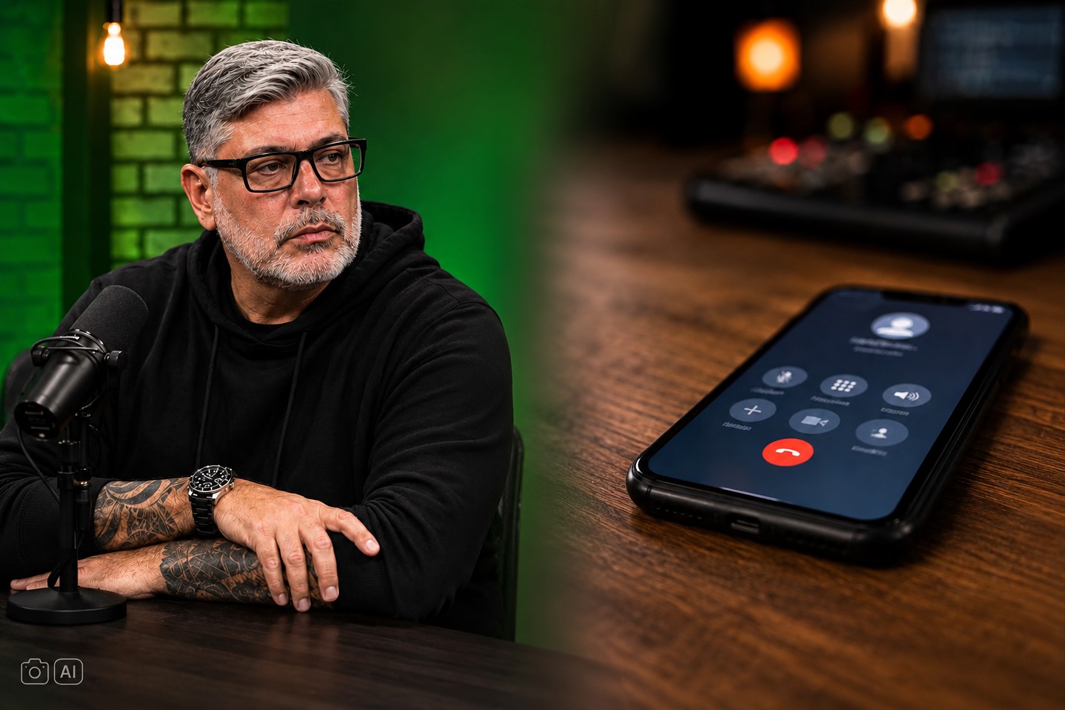 Alexandre Frota e celular em montagem editorial gerada por IA sobre chamada ao vivo.