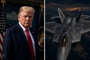 Montagem gerada por IA mostra Donald Trump na Casa Branca à esquerda e um caça F-22 Raptor em voo à direita.