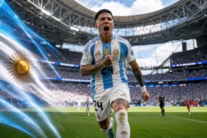 Montagem gerada por IA mostra Enzo Fernández comemorando em campo, em alusão à vitória da Argentina sobre o Egito na Copa do Mundo de 2026.