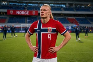 Ilustração gerada por IA representa Erling Haaland com a camisa da Noruega em momento de treino da seleção.
