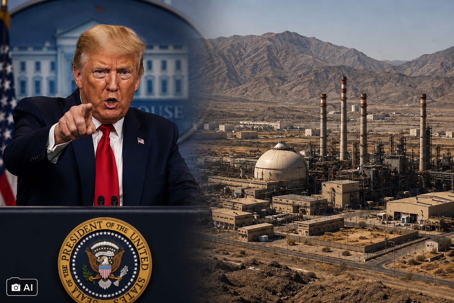 Donald Trump em discurso oficial ao lado de uma usina iraniana em montagem editorial.