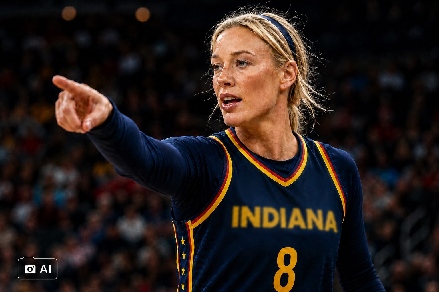 Ilustração fotográfica gerada por IA representa a jogadora de basquete Sophie Cunningham durante uma partida, com arena esportiva desfocada ao fundo.