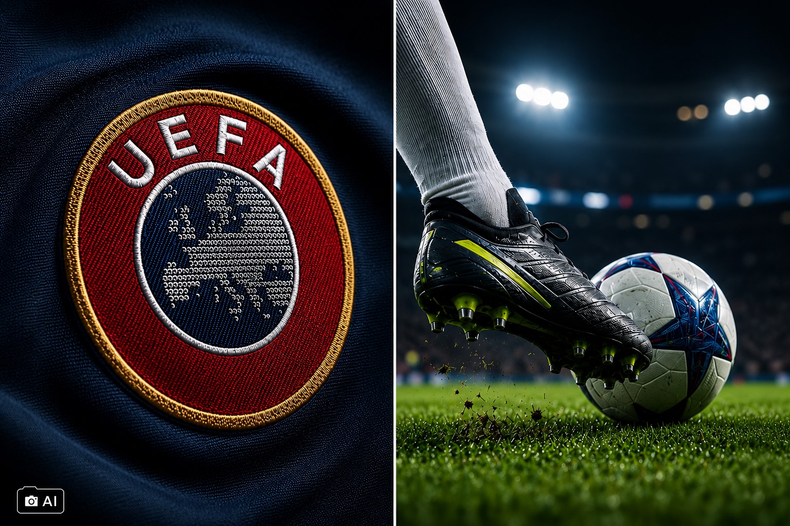 Montagem fotográfica realista gerada por IA mostra o emblema da UEFA à esquerda e um jogador chutando uma bola de futebol à direita.