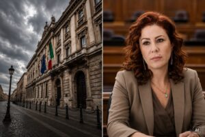 Montagem editorial gerada por IA mostra, à esquerda, um prédio institucional na Itália e, à direita, o retrato de uma figura pública feminina em ambiente interno formal.