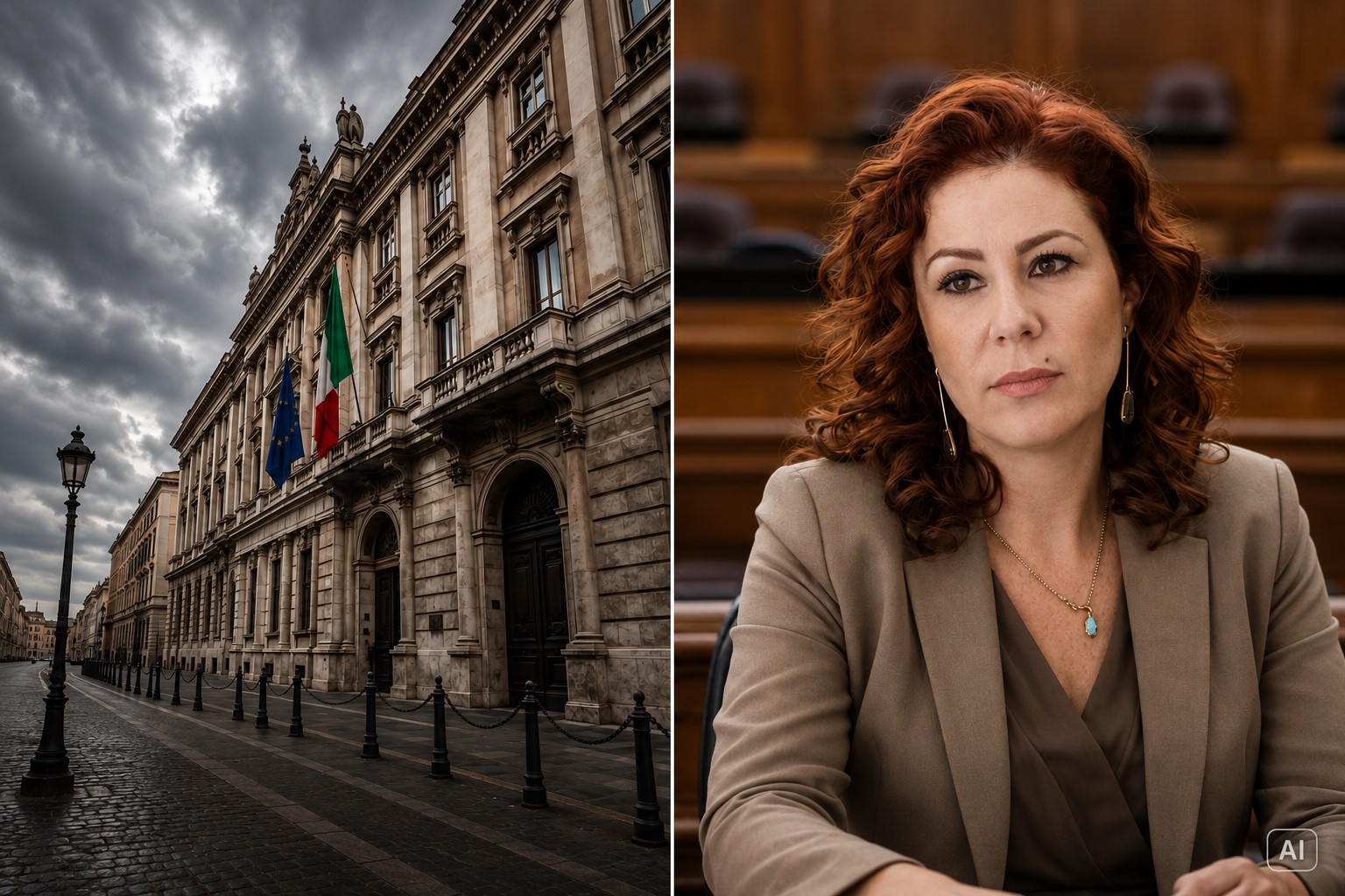Montagem editorial gerada por IA mostra, à esquerda, um prédio institucional na Itália e, à direita, o retrato de uma figura pública feminina em ambiente interno formal.