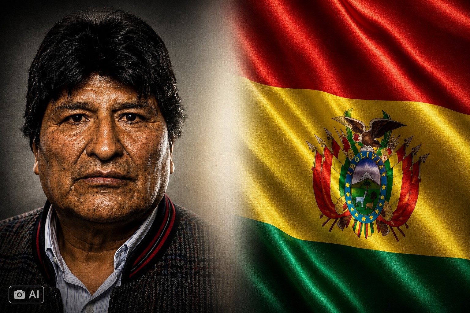 Montagem fotográfica realista gerada por IA representa Evo Morales à esquerda e a bandeira da Bolívia à direita.