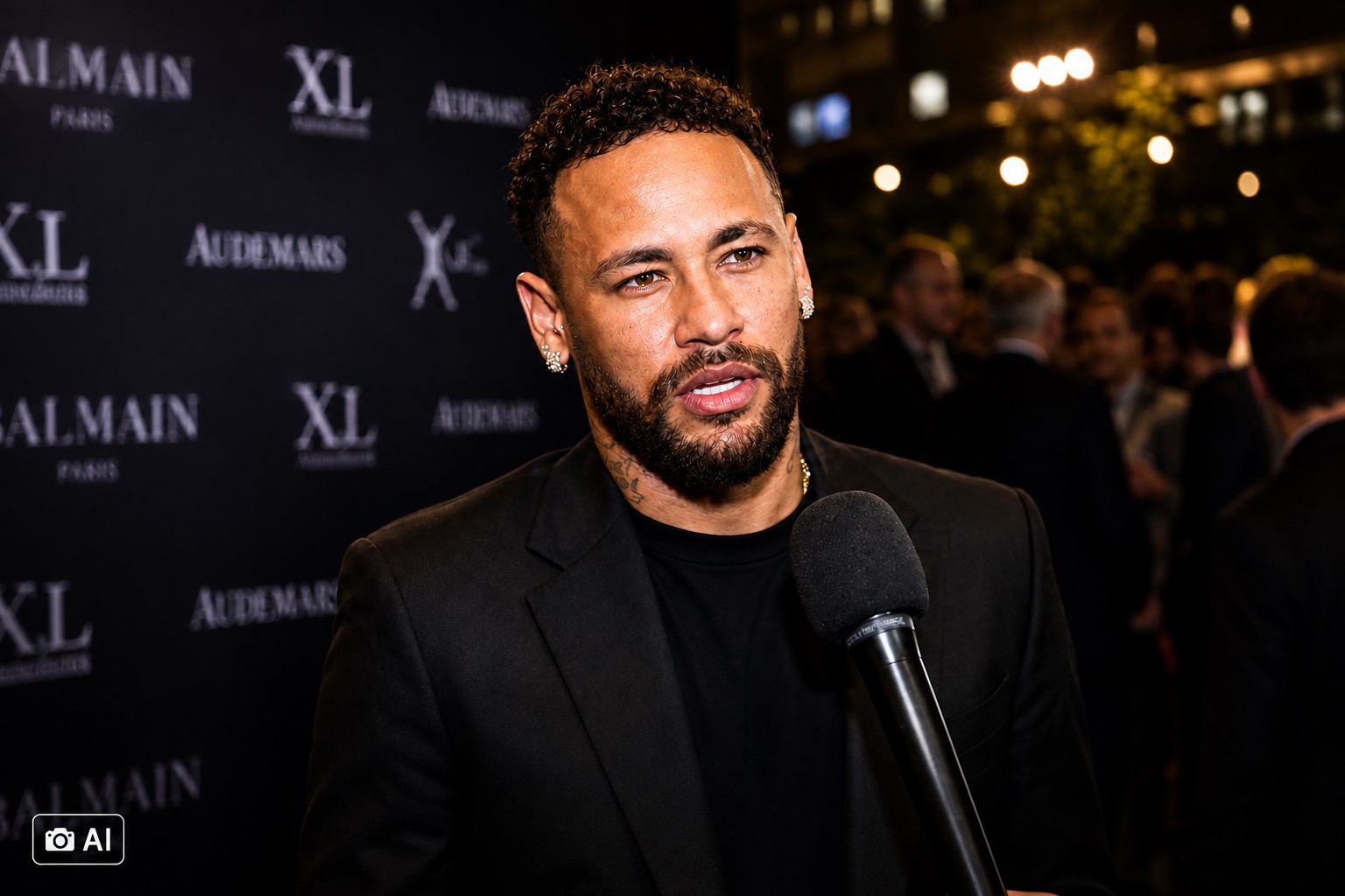 Ilustração gerada por IA representa Neymar durante entrevista em evento beneficente do Instituto Projeto Neymar Jr.