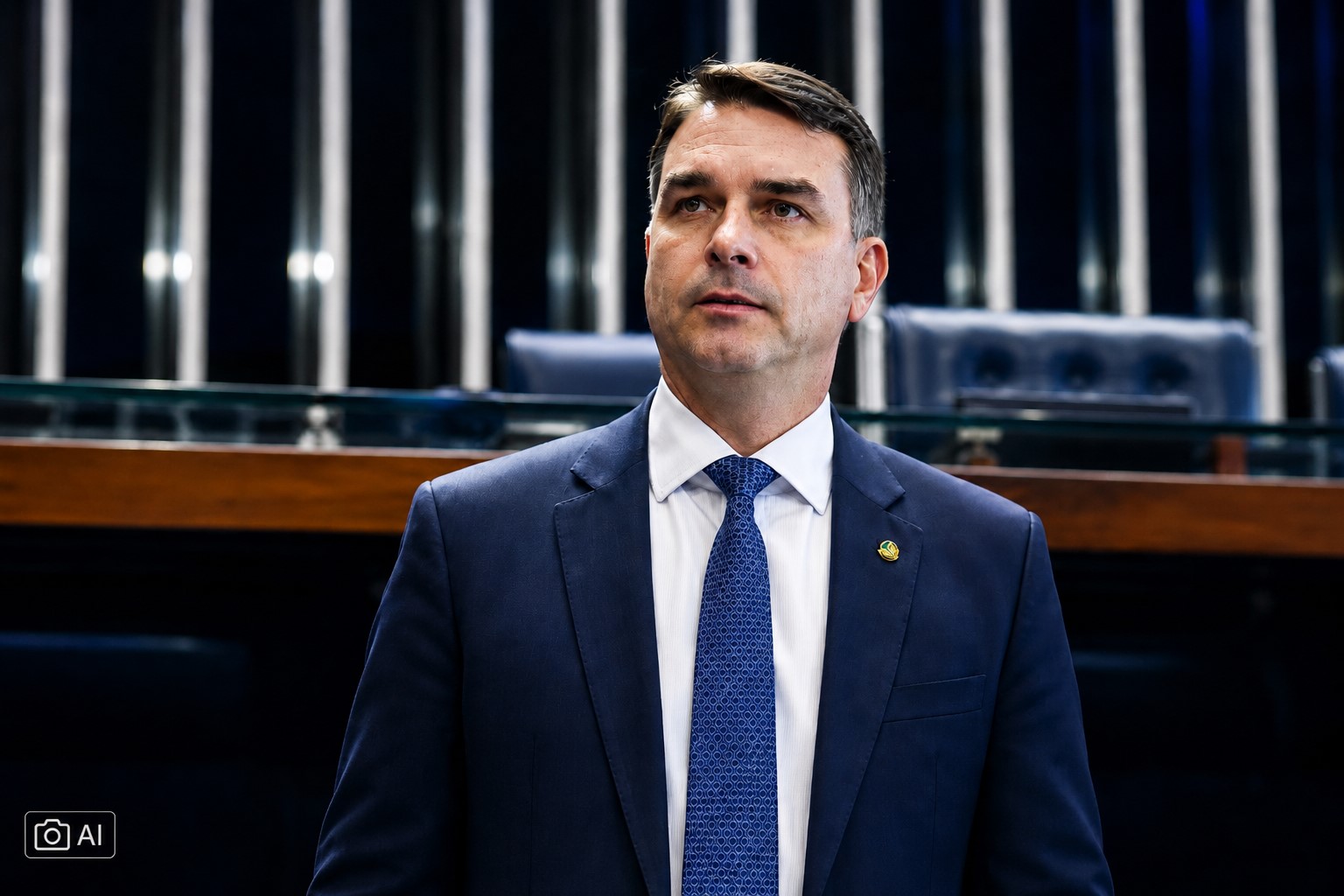 Ilustração ultrarrealista gerada por IA representa o senador Flávio Bolsonaro em ambiente interno do Senado Federal.