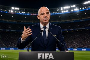 Ilustração fotográfica ultra-realista gerada por IA representa Gianni Infantino em um púlpito, diante de cenário simbólico de estádio de futebol.