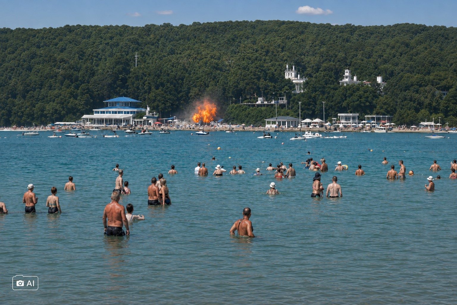 Ilustração gerada por IA mostra banhistas em Gelendzhik, no Mar Negro, durante ocorrência envolvendo um drone.