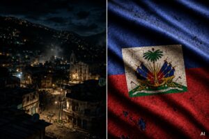 Montagem editorial gerada por IA mostra vista semiaérea de Kenscoff, no Haiti, e bandeira haitiana em aspecto desgastado.