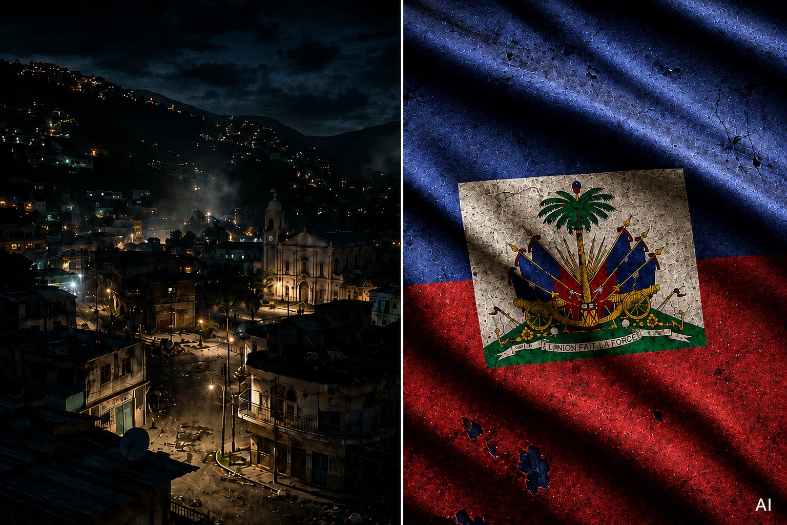 Montagem editorial gerada por IA mostra vista semiaérea de Kenscoff, no Haiti, e bandeira haitiana em aspecto desgastado.