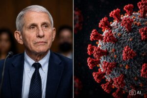 Montagem mista gerada por IA representando, à esquerda, o Dr. Anthony Fauci e, à direita, uma ilustração de molécula de Covid-19 para contextualizar notícia.