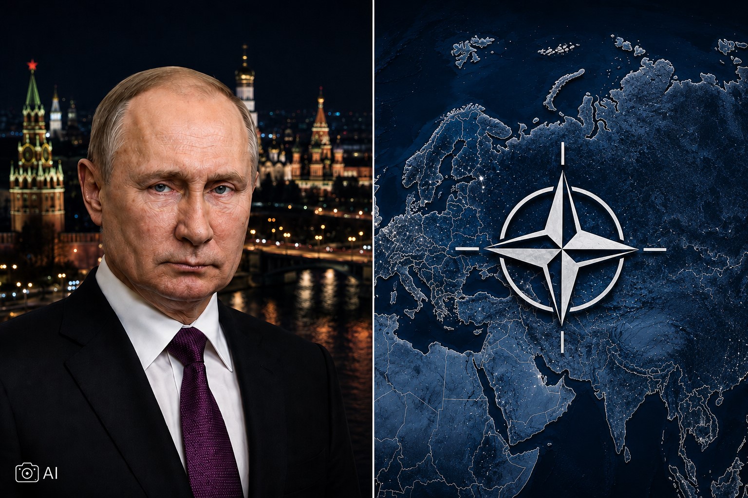 Montagem editorial gerada por IA mostra Vladimir Putin com Moscou ao fundo e mapa da Rússia com símbolo da OTAN